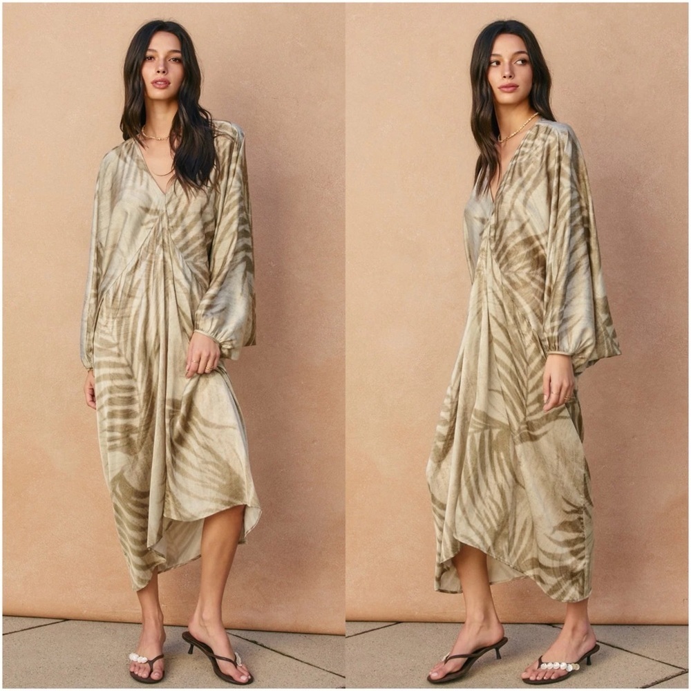 Tropical Print Kaftan Satin Dress